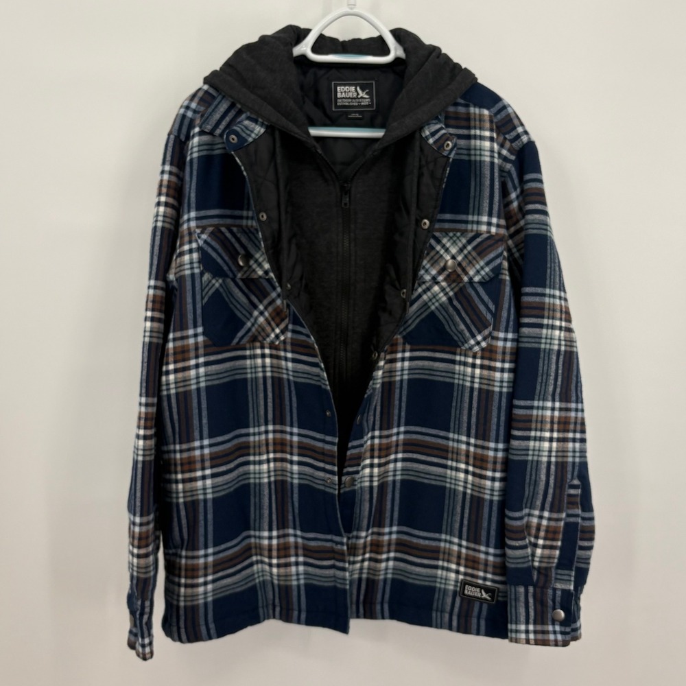 Eddie Bauer Mens Blue Plaid Hooded Shirt Jacket Quilted Lined Shacket EB009090 S